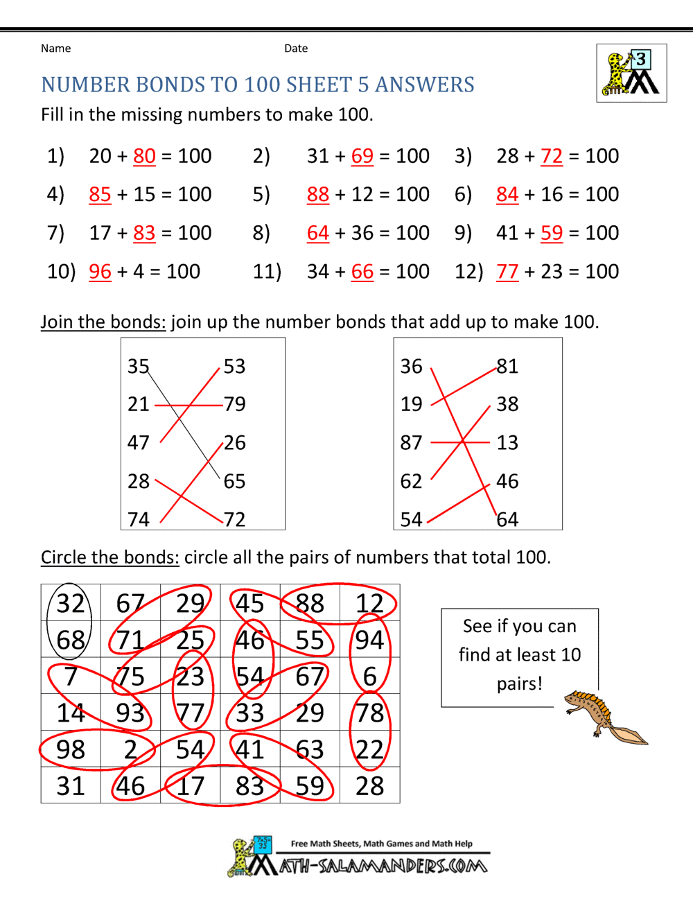 Number Bonds Worksheets to 100