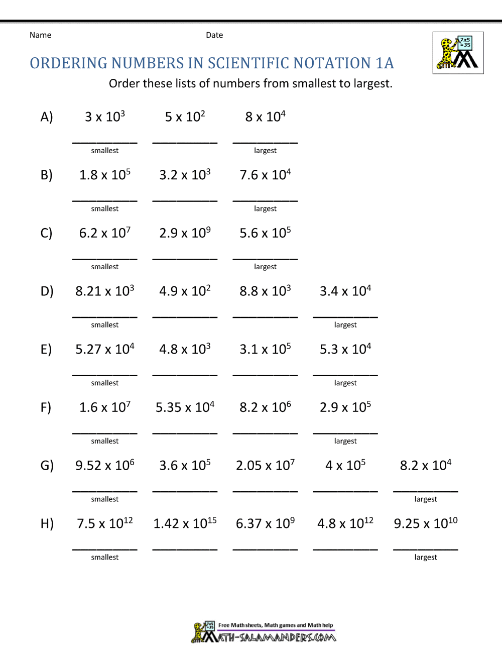 Comparing Numbers in Scientific Notation support page