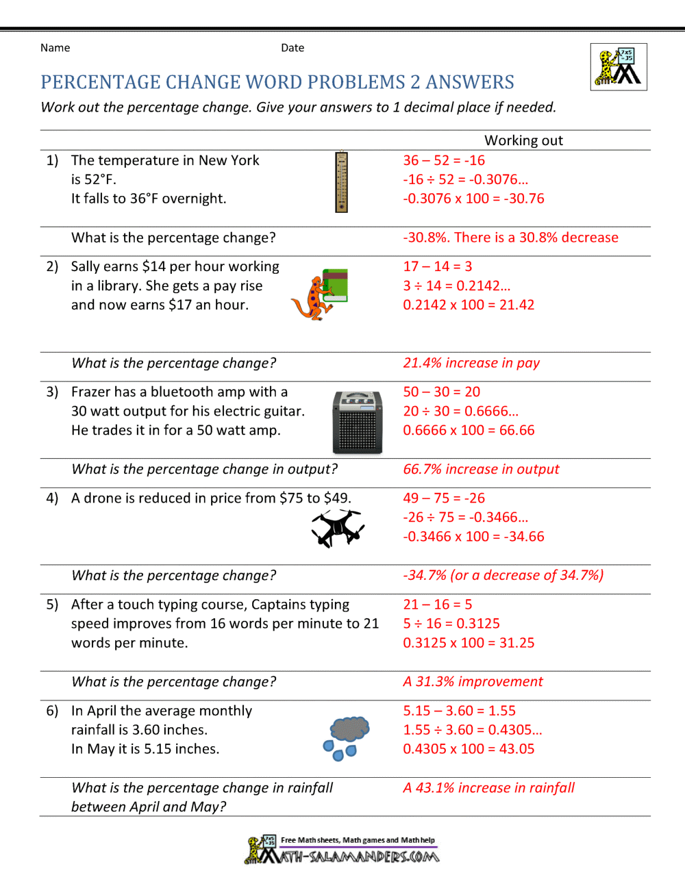 Percentage Increase and Decrease Worksheets