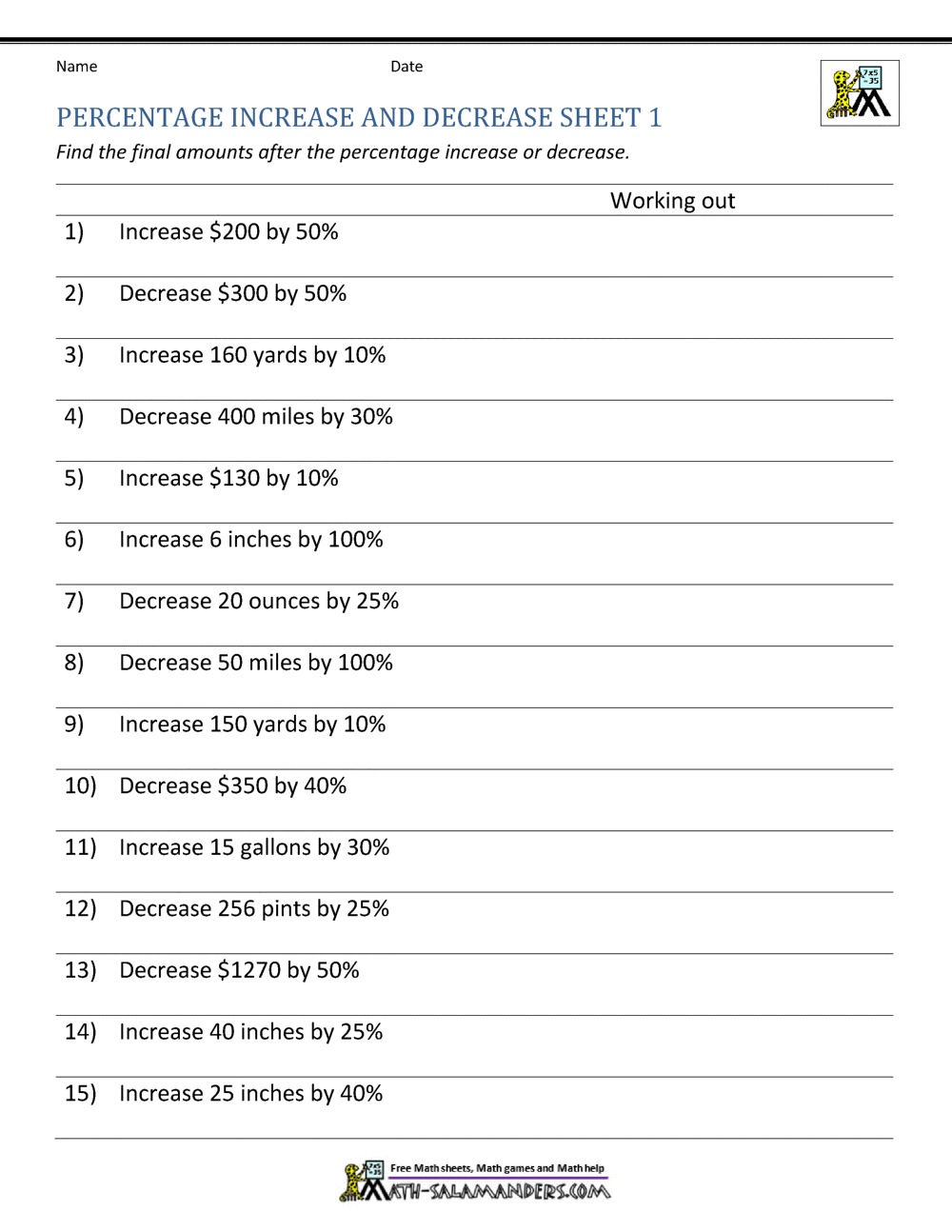 Percentage Increase and Decrease Worksheets