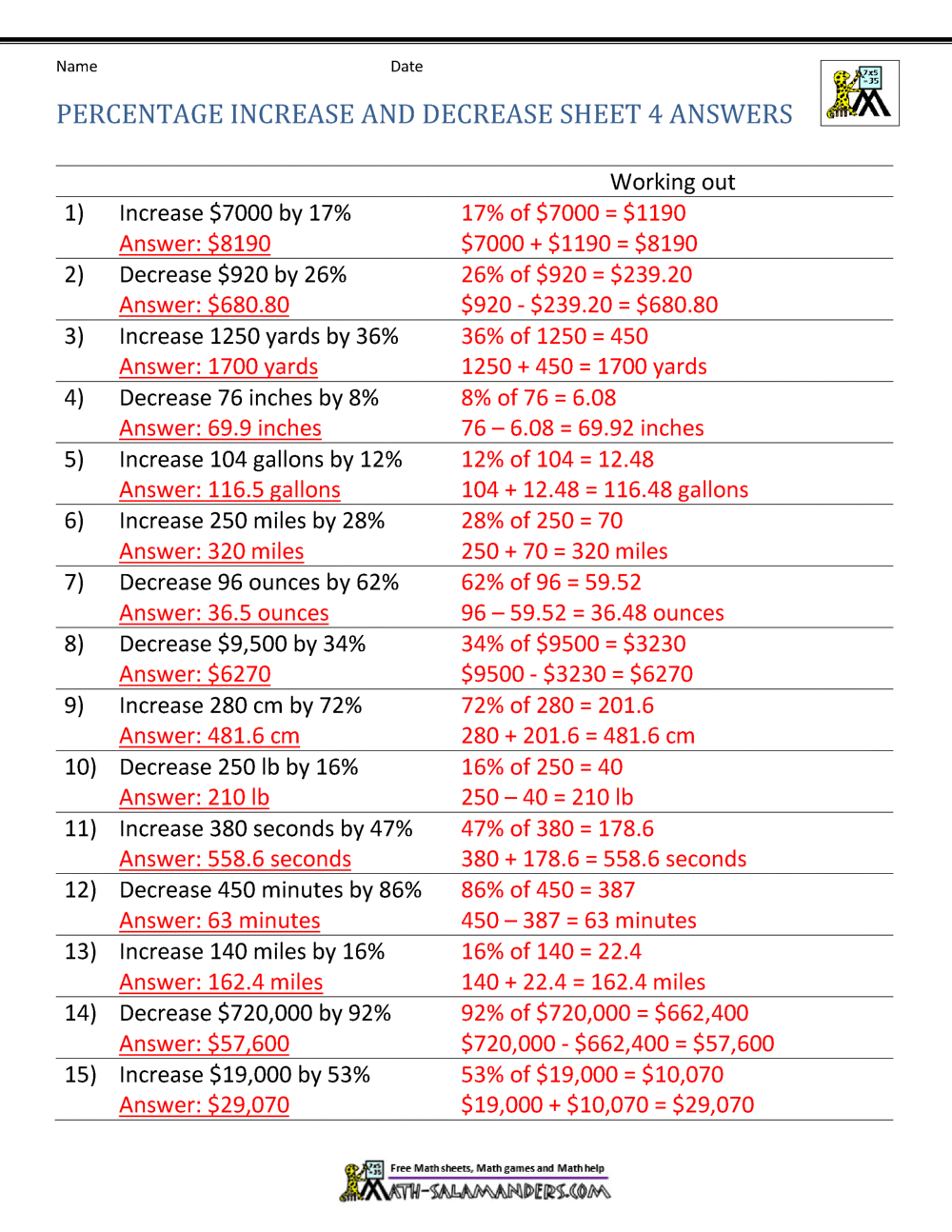 Percentage Increase and Decrease Worksheets