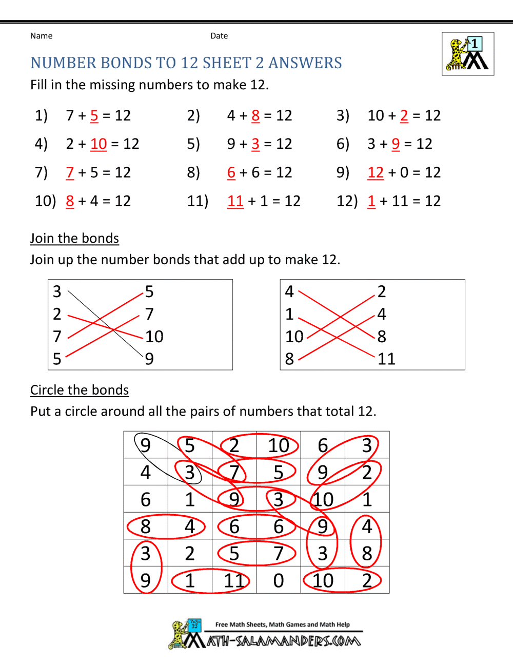 Number Bonds to 10 Worksheets