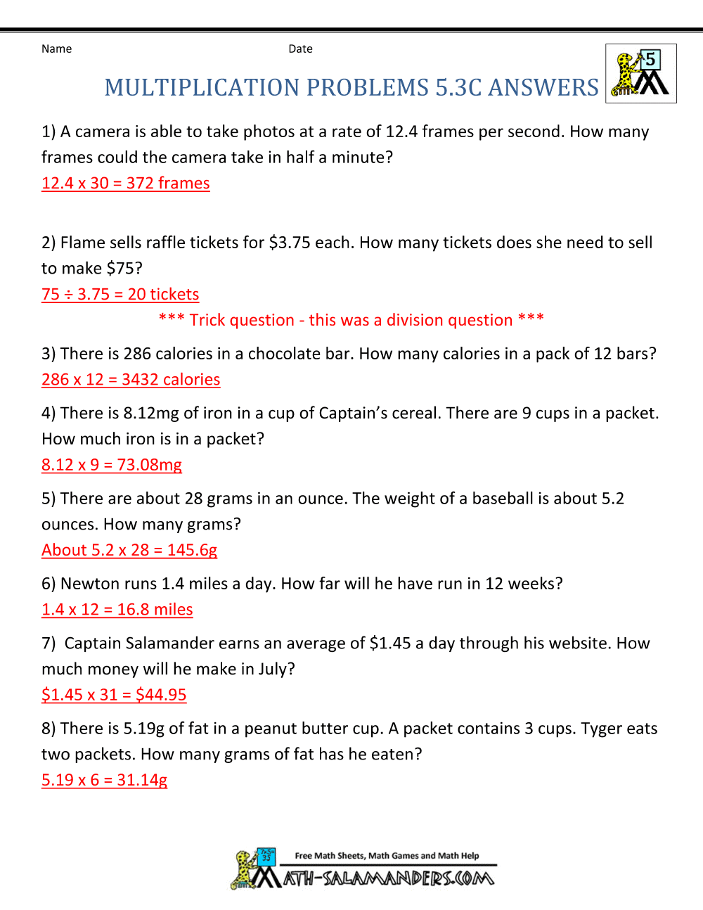 Multiplication Problems Printable 5th Grade