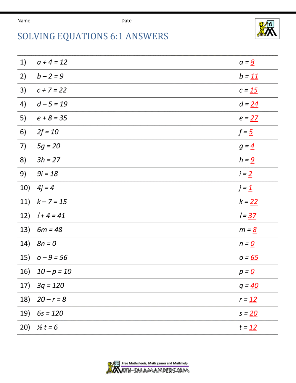Expressions and Equations 6th Grade