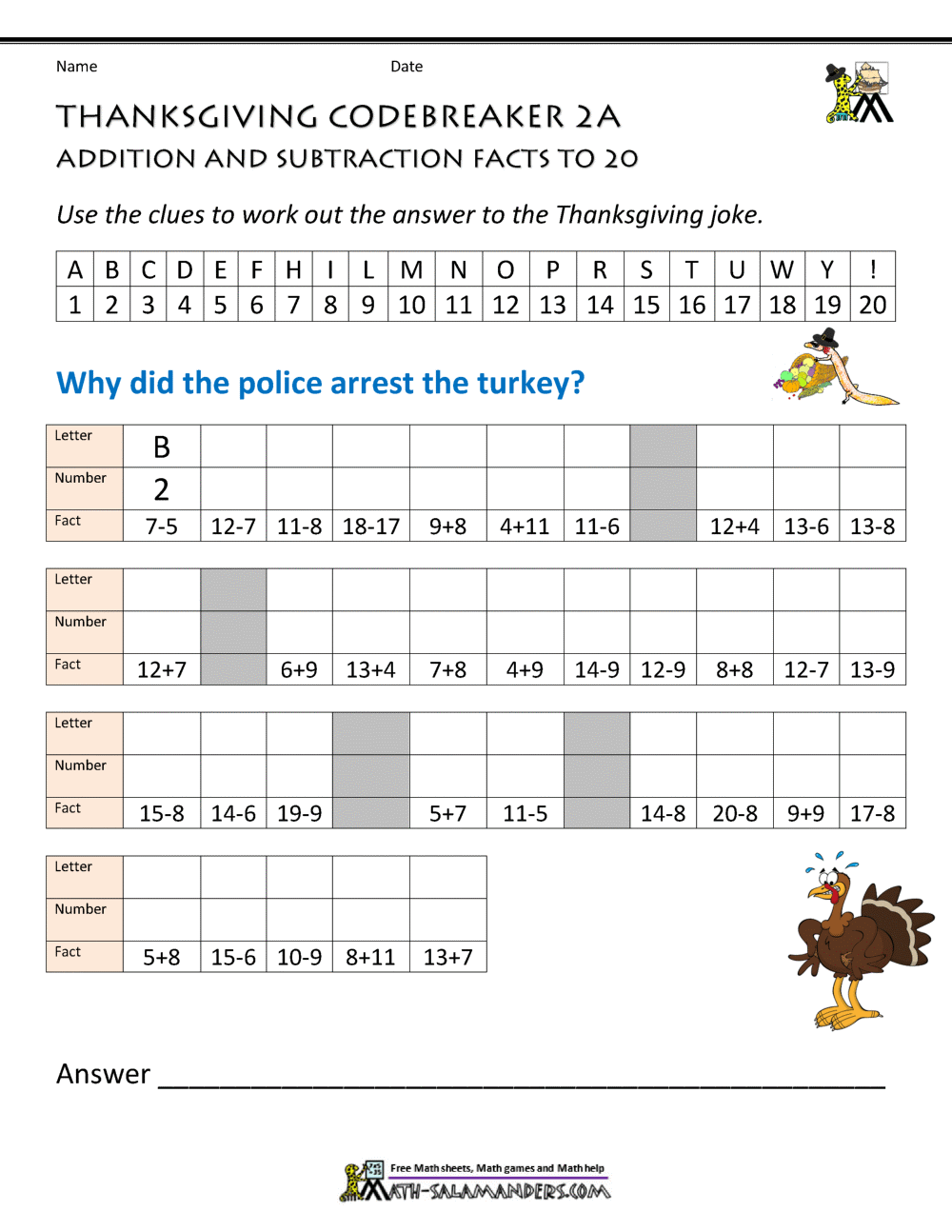 Thanksgiving Math Worksheets 2nd Grade