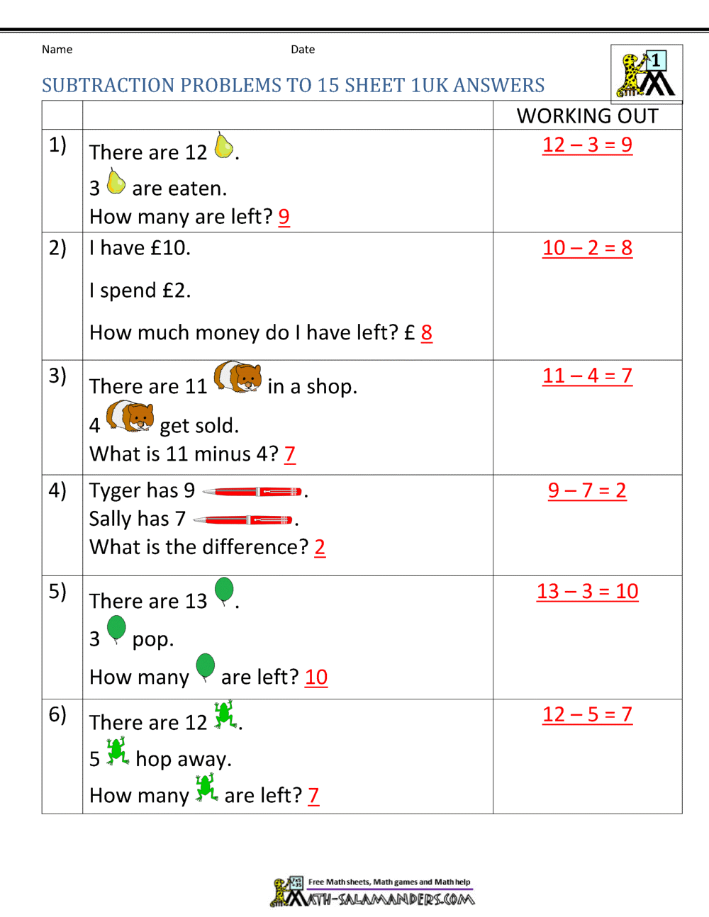 Grade 1 Word Problems Subtraction / Grade 2 Subtraction Word Problem