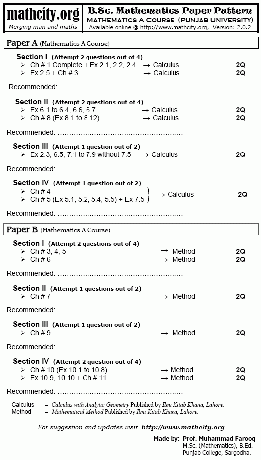 Paper Pattern for ACourse of Mathematics
