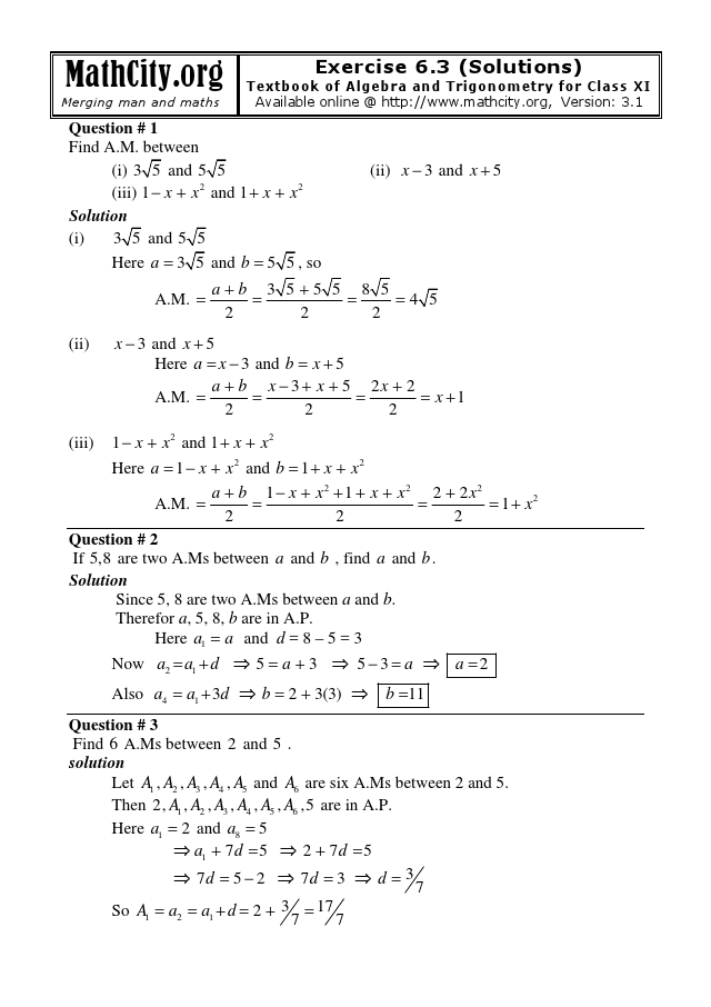 Ch 06 Sequences and Series Mathematics FSc Part 1