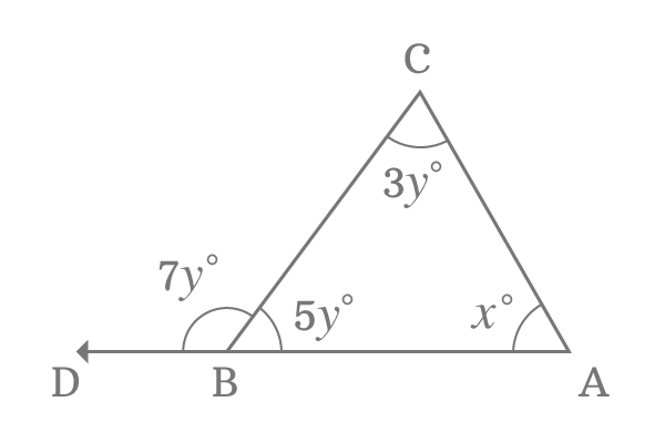 Find x if angles of triangle are x, 3y and 5y and 7y in