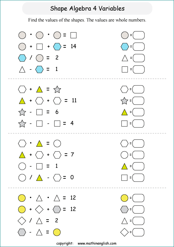 3 variables shape algebra and equations math puzzles for