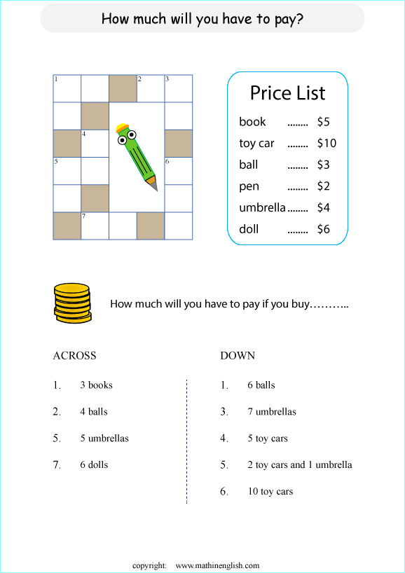 Printable primary math worksheet for math grades 1 to 6 based on the