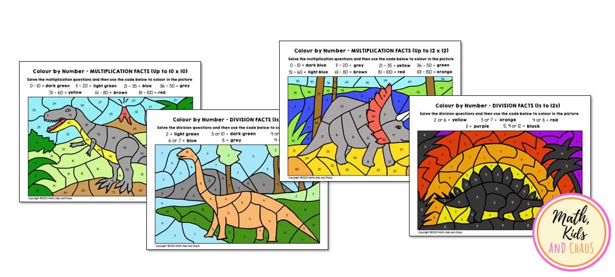 Dinosaur math worksheets (for multiplication and division facts) Math