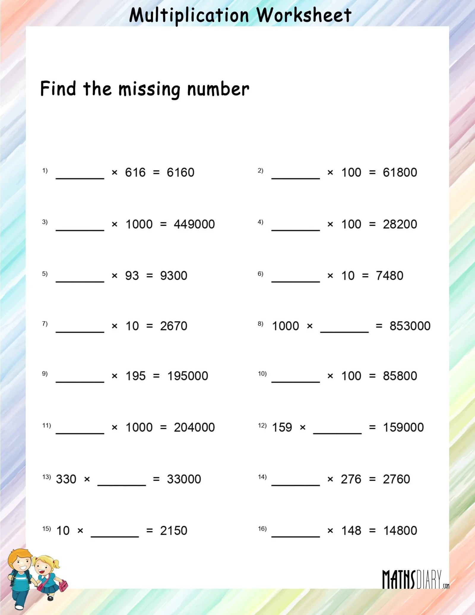 grade 4 worksheet multiplication facts with missing factors 2 12 k5