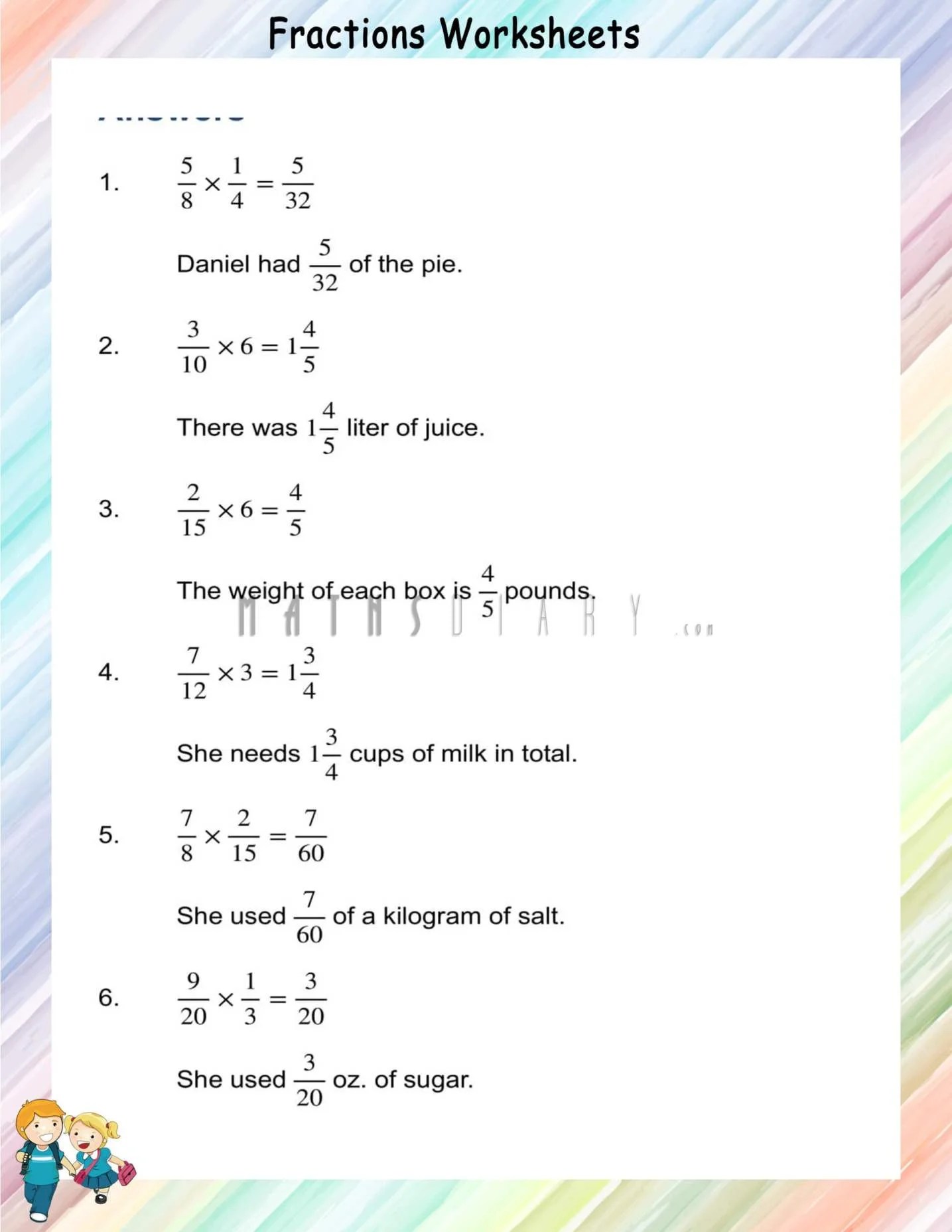 Multiplication of fractions in word problems - Math Worksheets