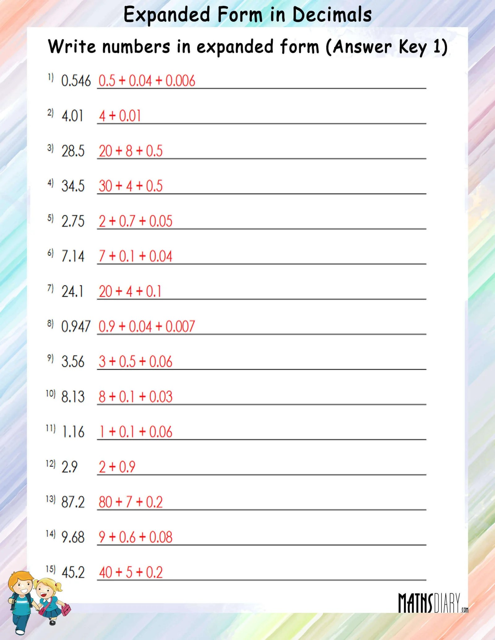 Write in Expanded Form in Decimal Numbers Worksheets - Math Worksheets