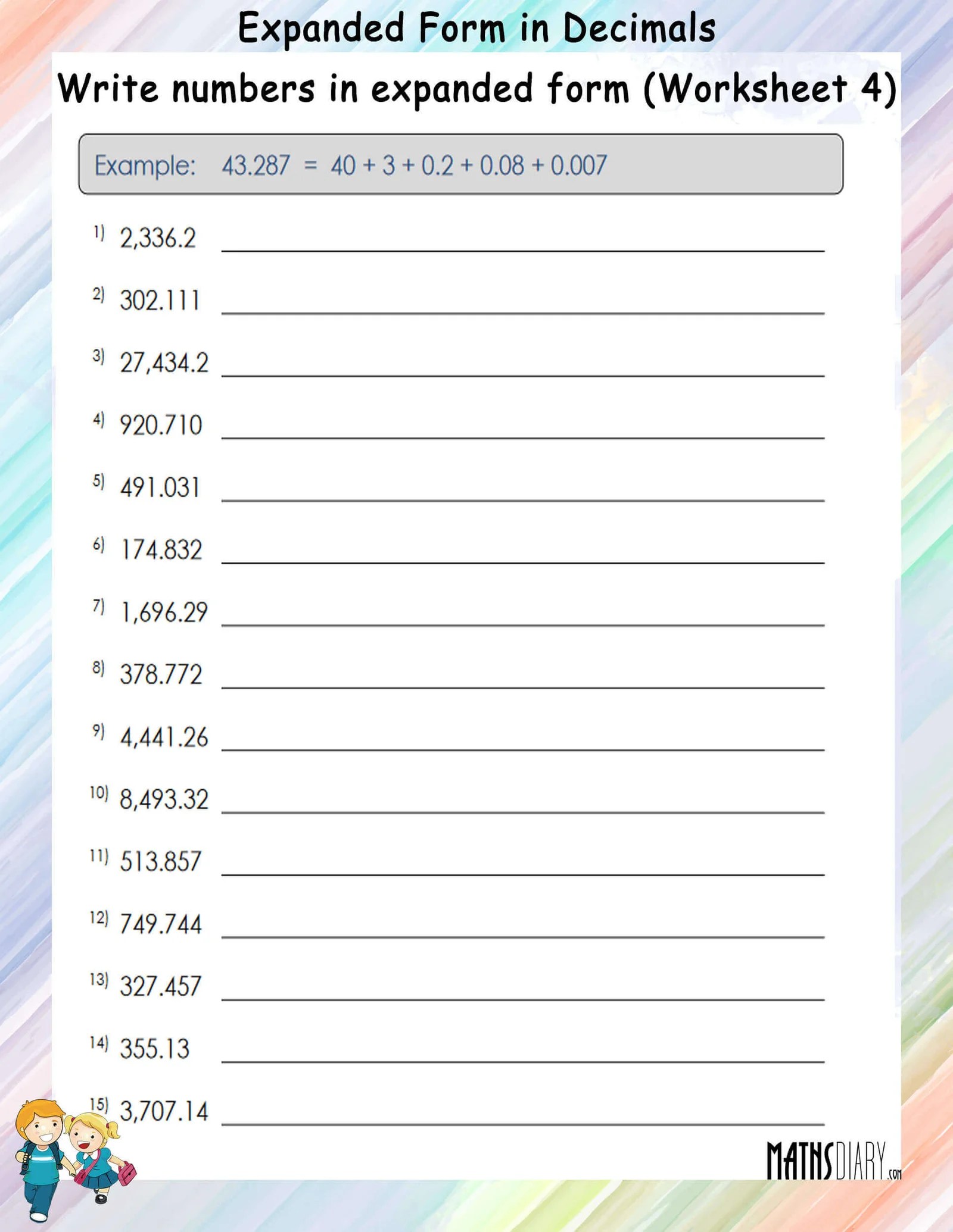 Write in Expanded Form in Decimal Numbers Worksheets - Math Worksheets
