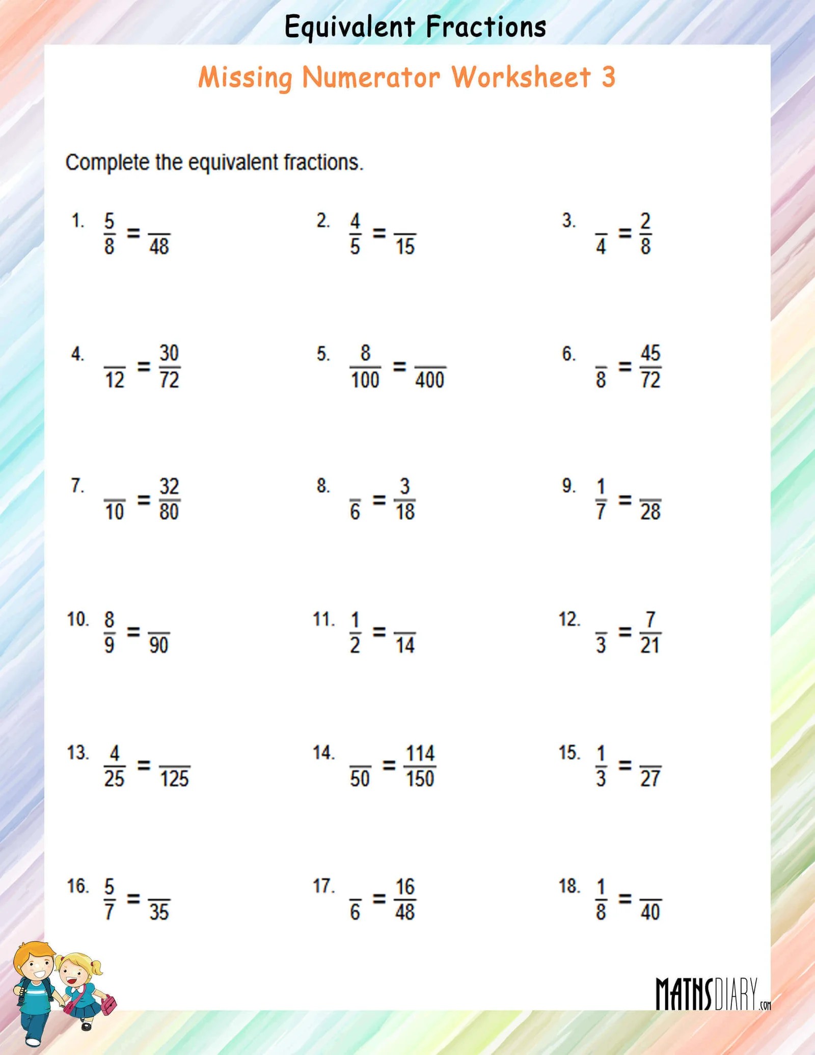 Find the missing numerator Worksheets - Math Worksheets - MathsDiary.com