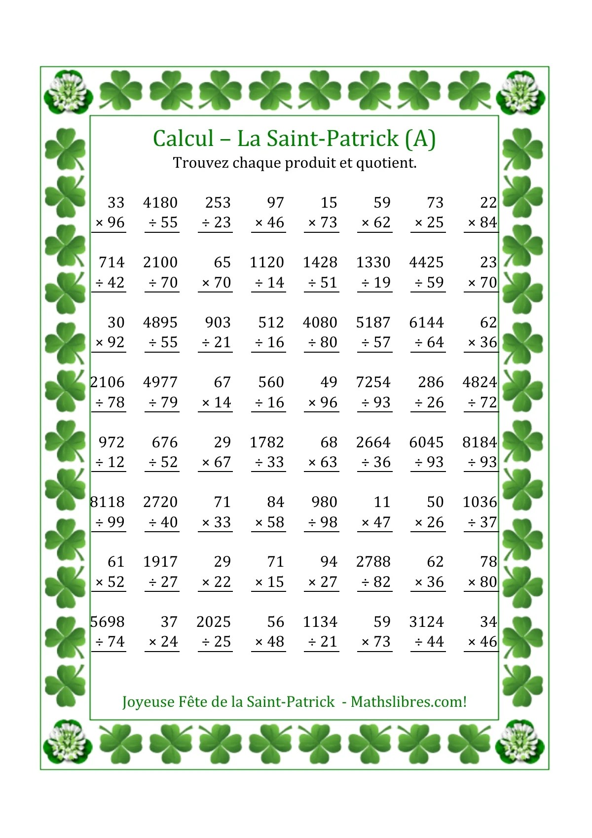 Multiplication & Division de Nombres A Deux ou Trois Chiffres (A)