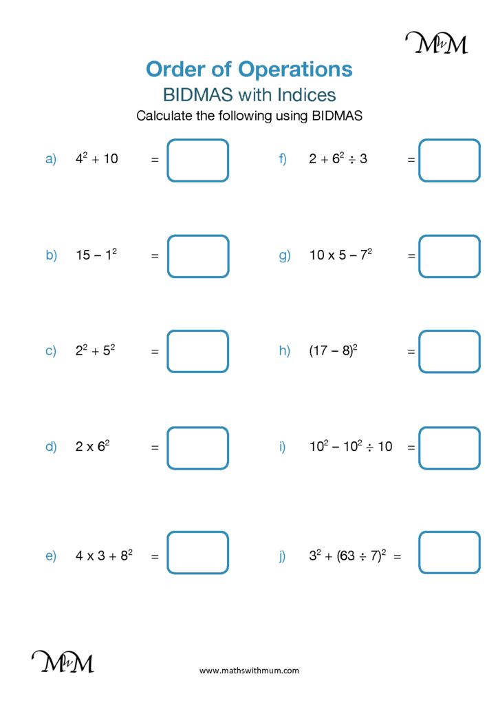 BIDMAS (BODMAS/PEMDAS) Examples with Indices Maths with Mum