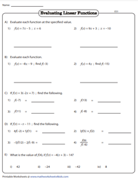 Evaluating Functions Worksheets