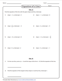 Slope-intercept Form of Equation of a Line Worksheets