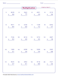 Multiplying Large Numbers Worksheets