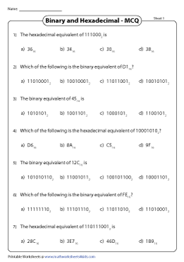 Binary and Hexadecimals Conversion Worksheets