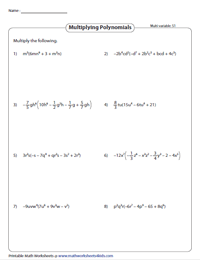 Multiplying Monomials Worksheets
