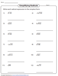 Radicals Worksheets