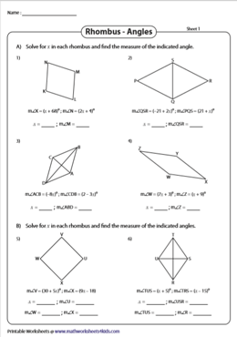 Angle Properties of a Rhombus Worksheets