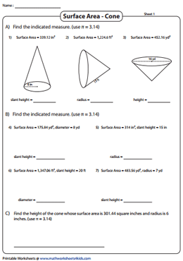 Surface Area of Cones Worksheets