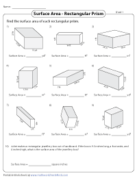 Surface Area of Rectangular Prisms Worksheets