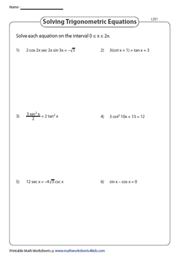Solving Trigonometric Equations Worksheets