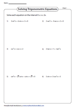 Solving Trigonometric Equations Worksheets