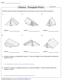 Volume of a Triangular Prism Worksheets