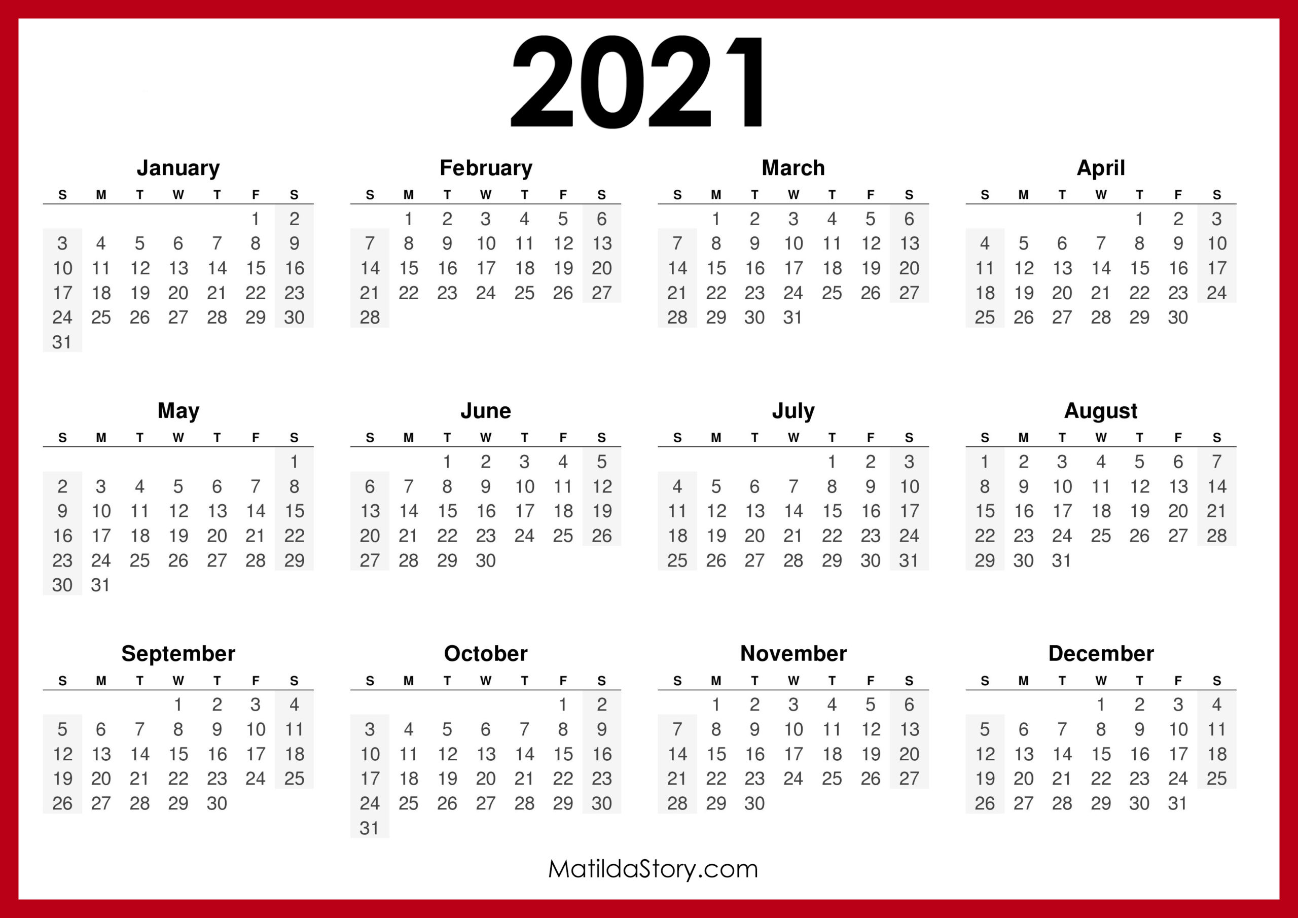2021 Printable Free Calendar, Horizontal, Red Sunday Start, HD
