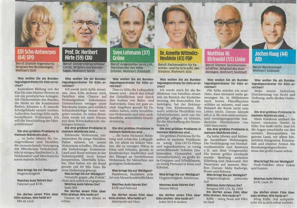 Kölner Direktkandidat*innen zur Bundestagswahl 2017 stellen sich vor