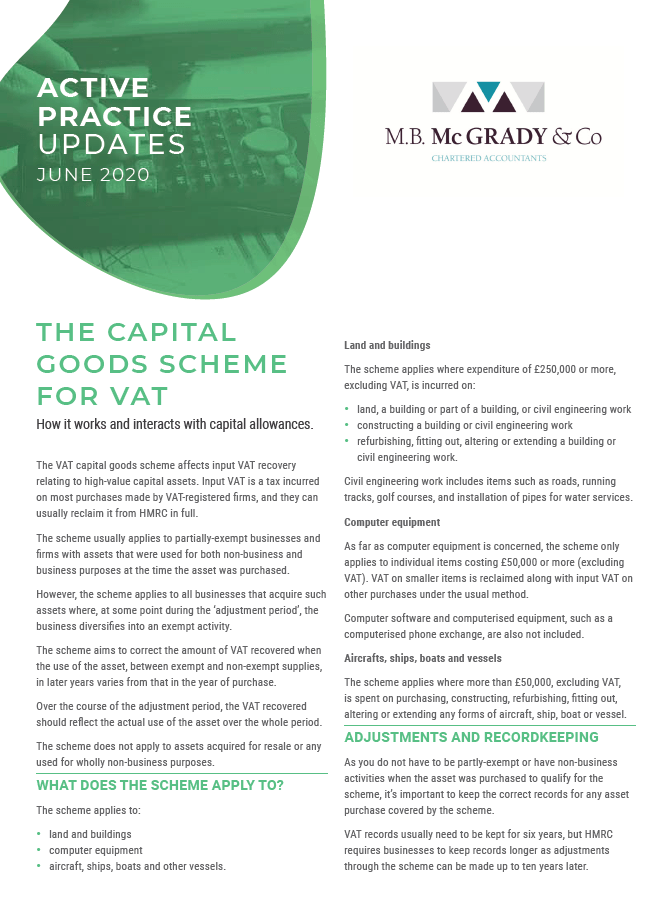 The Capital Goods Scheme for VAT Accountants Belfast Northern Ireland