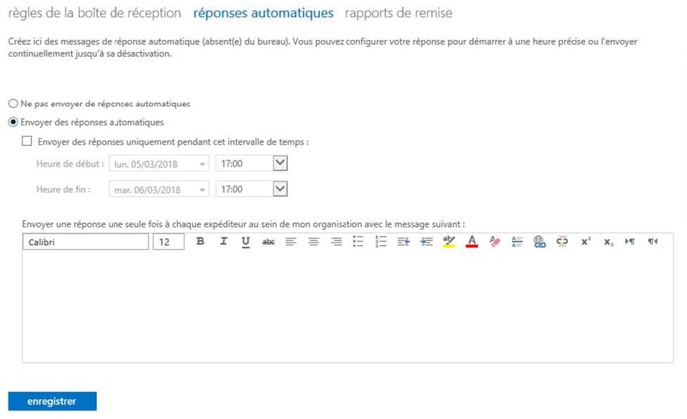 Définir un message d’absence à partir d’Outlook Web Access MBS (PEXYS