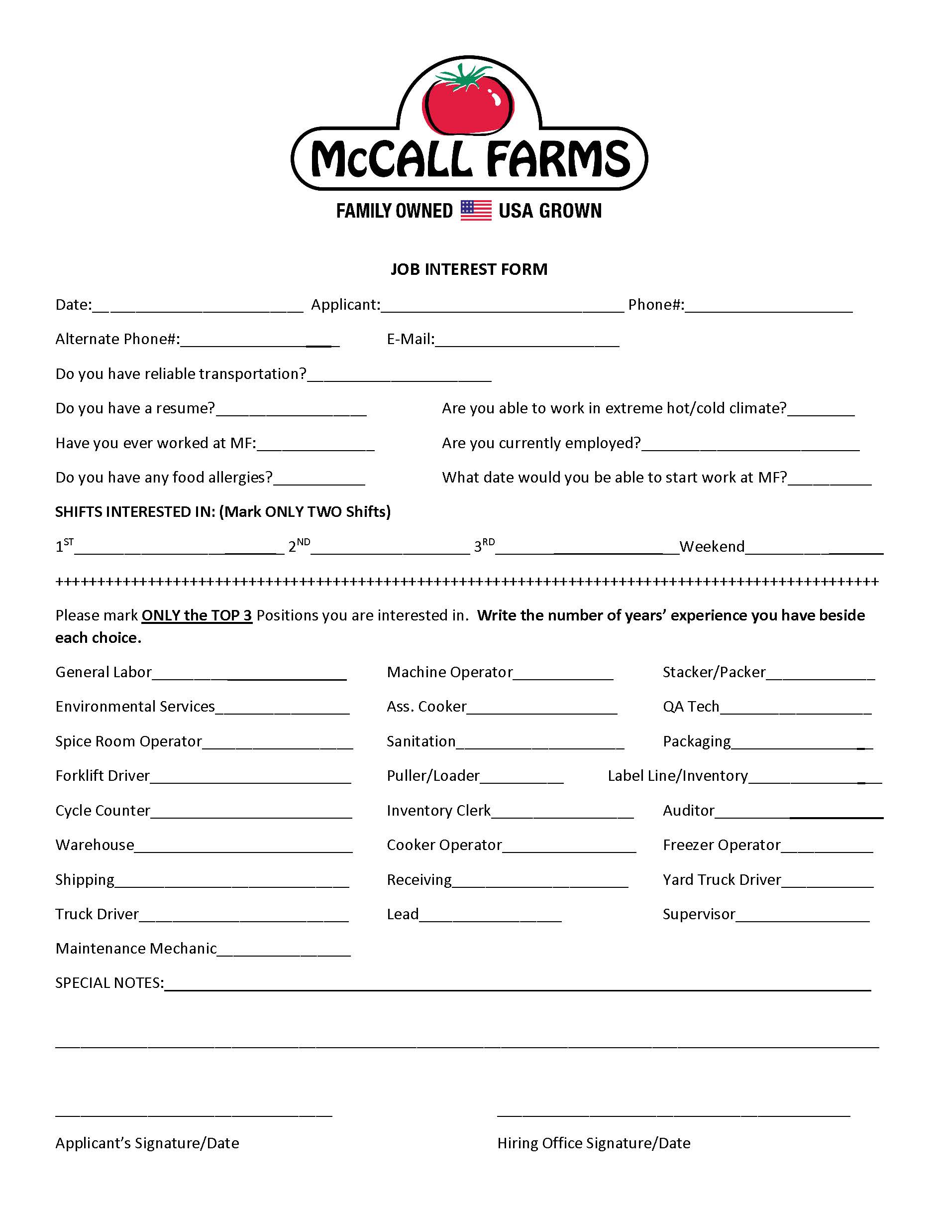 Careers McCall Farms