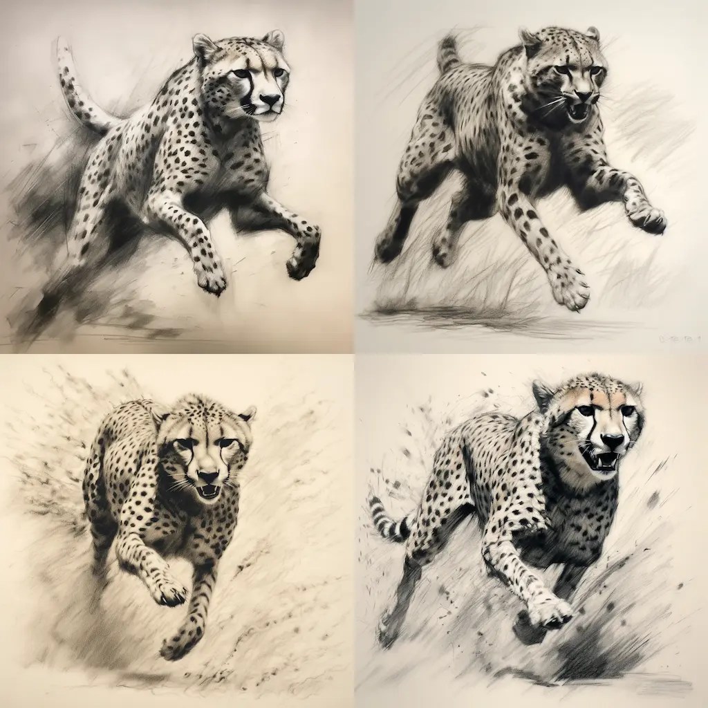 expressive charcoal drawing of a cheetah running MC Meric
