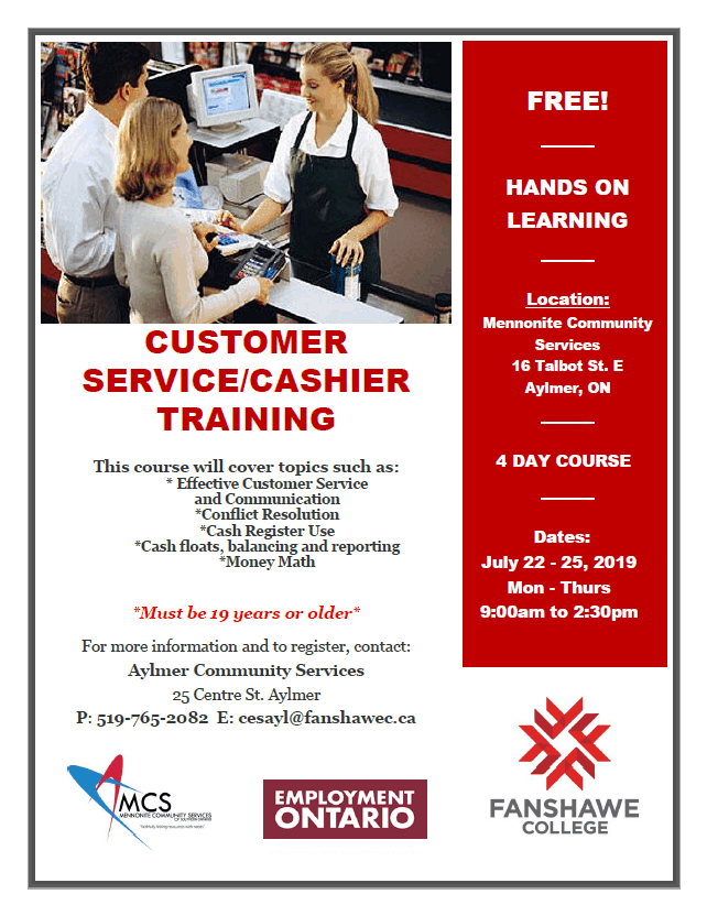 Free 4Day Customer Service and Cashier Training Course Mennonite Community Services of