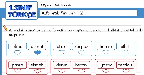 1.Sınıf Türkçe Alfabetik Sıralama Etkinliği 2 Meb Ders