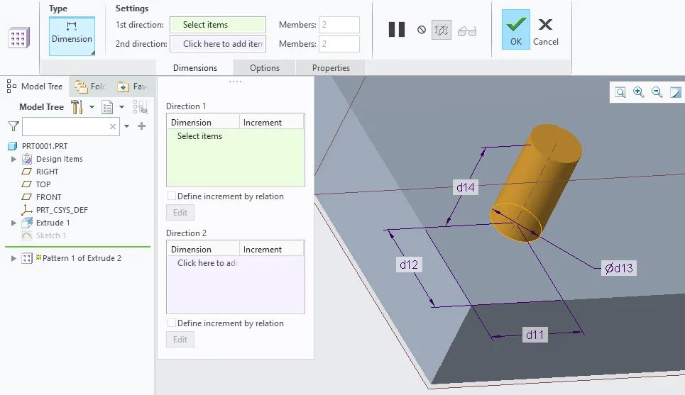 Understand DimensionPattern in Creo Parametric Mechanical 360
