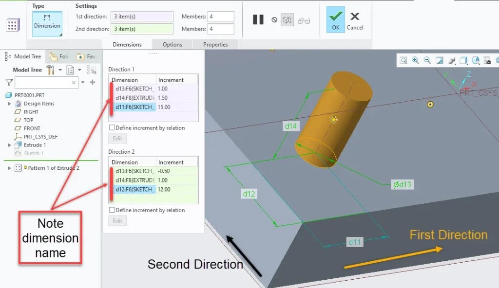 Understand DimensionPattern in Creo Parametric Mechanical 360