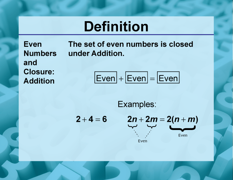 DefinitionClosure Property TopicsEven Numbers and Closure Addition