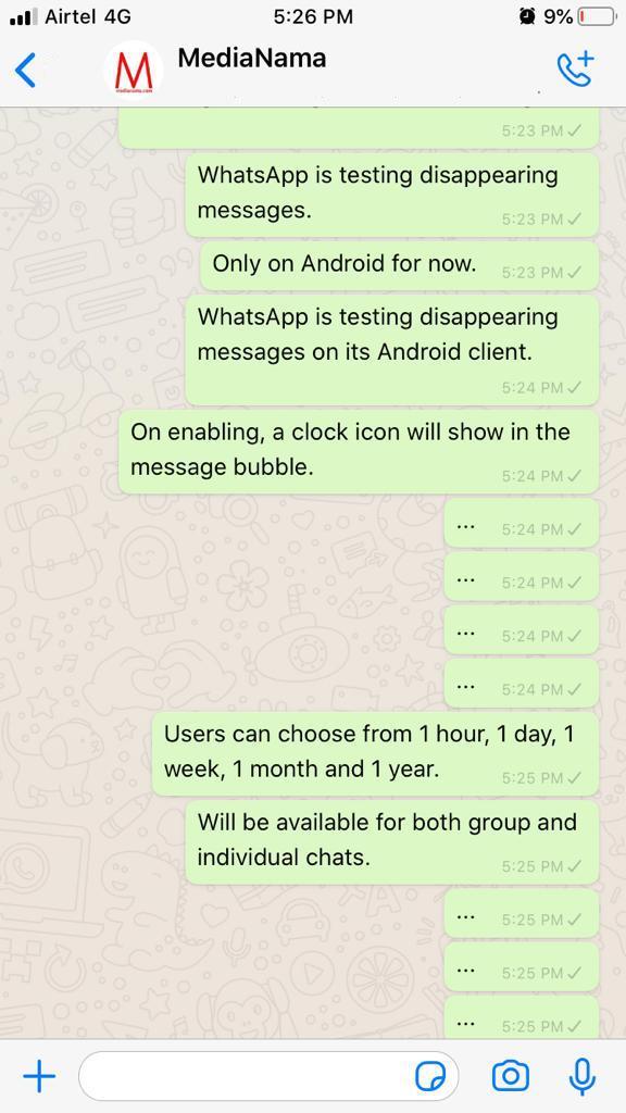 WhatsApp experiments with disappearing messages Report MediaNama