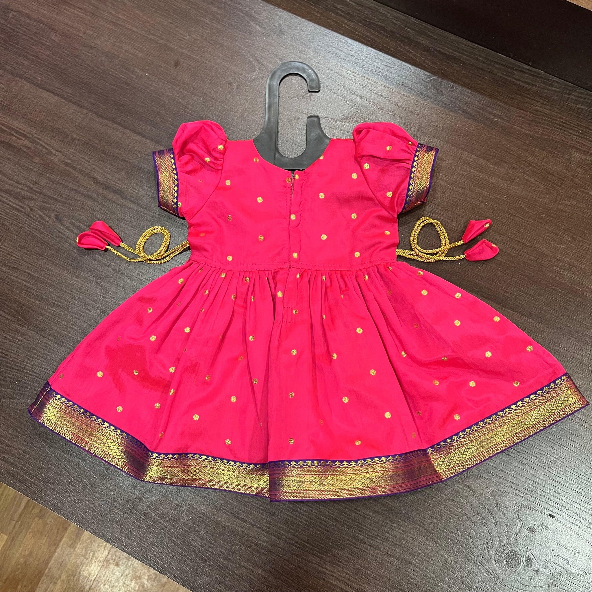 Neon Pink Silk Paithani Styled Peacock Patch Frock MEEMORA FROCKS