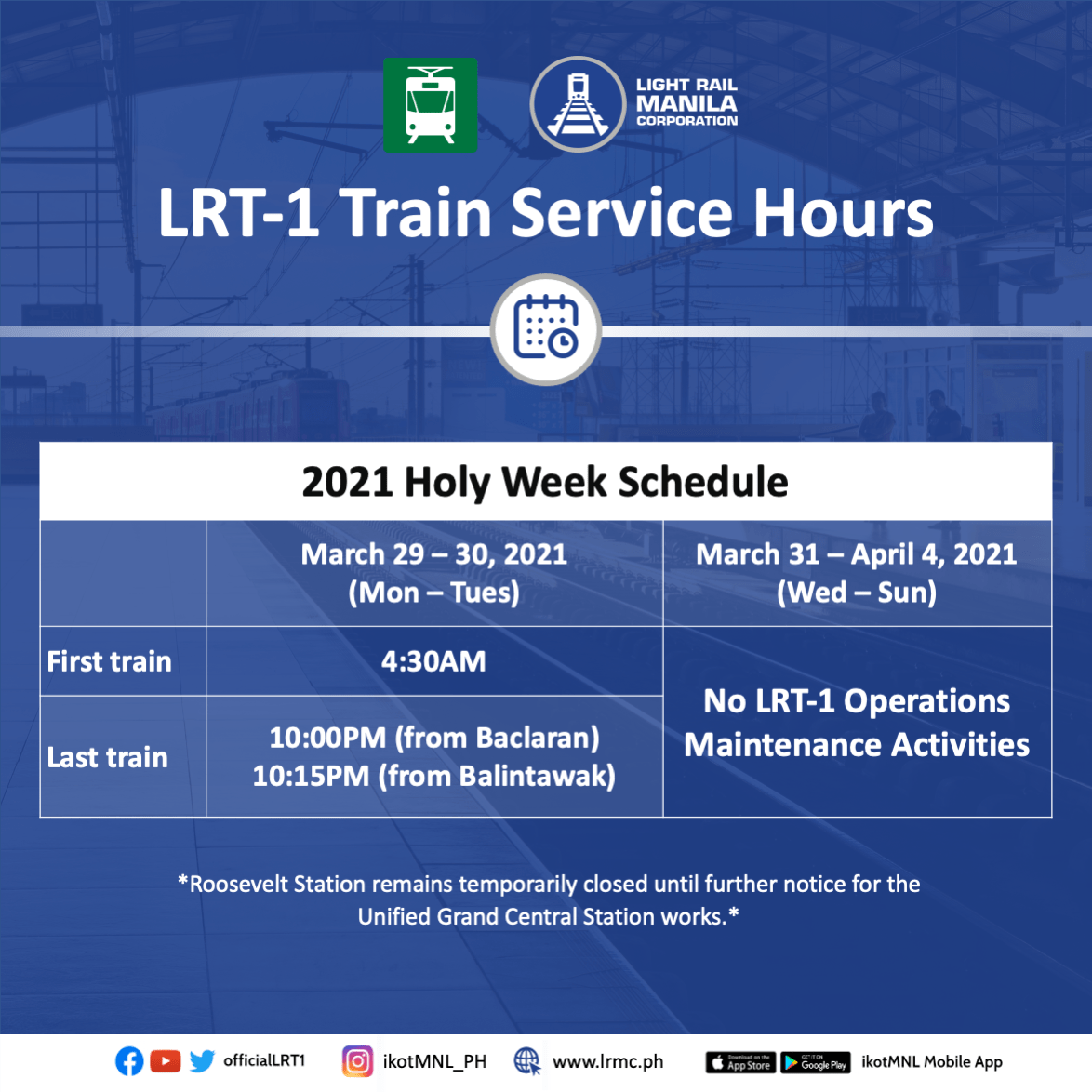 LRMC announces LRT1 2021 Holy Week schedule MegaBites