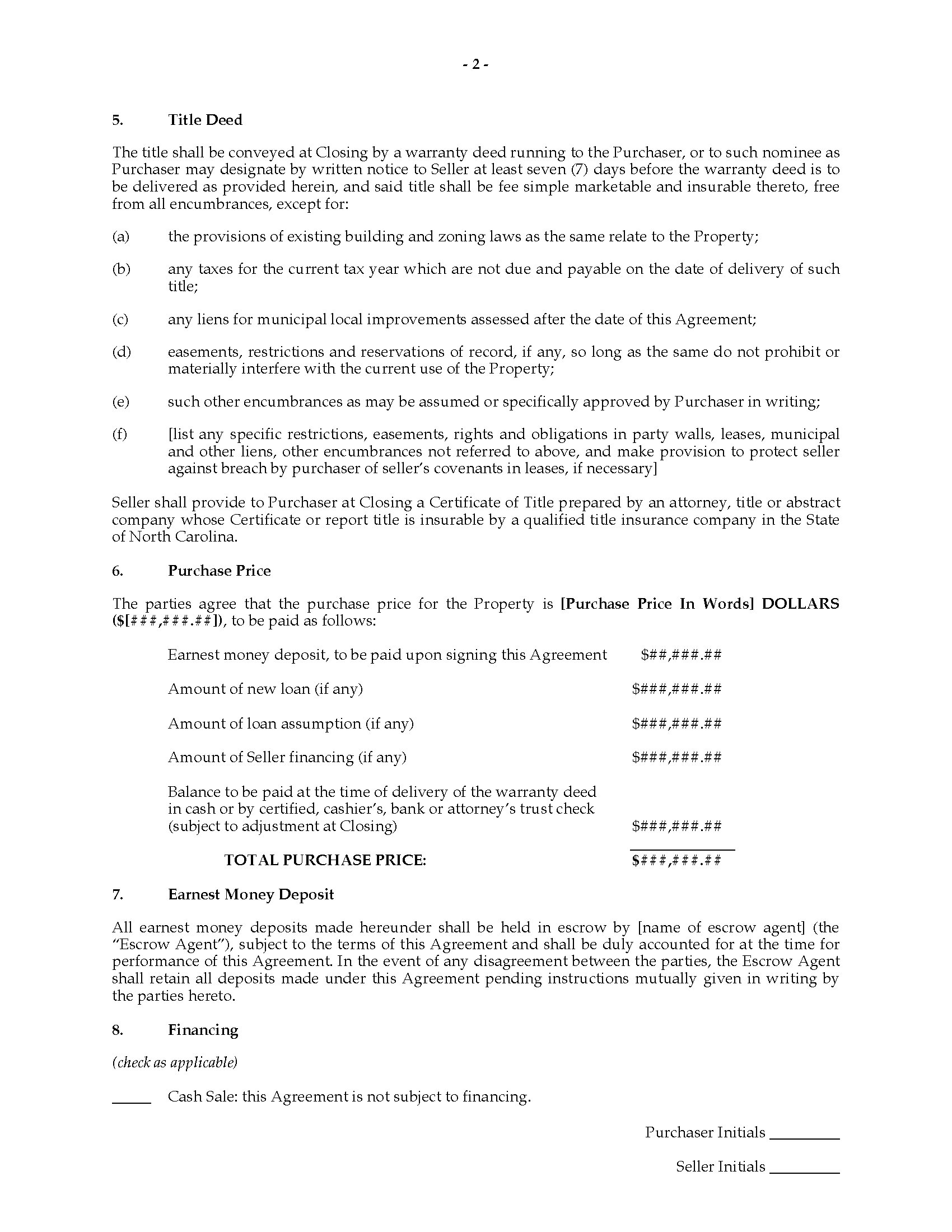 North Carolina Real Estate Purchase and Sale Agreement